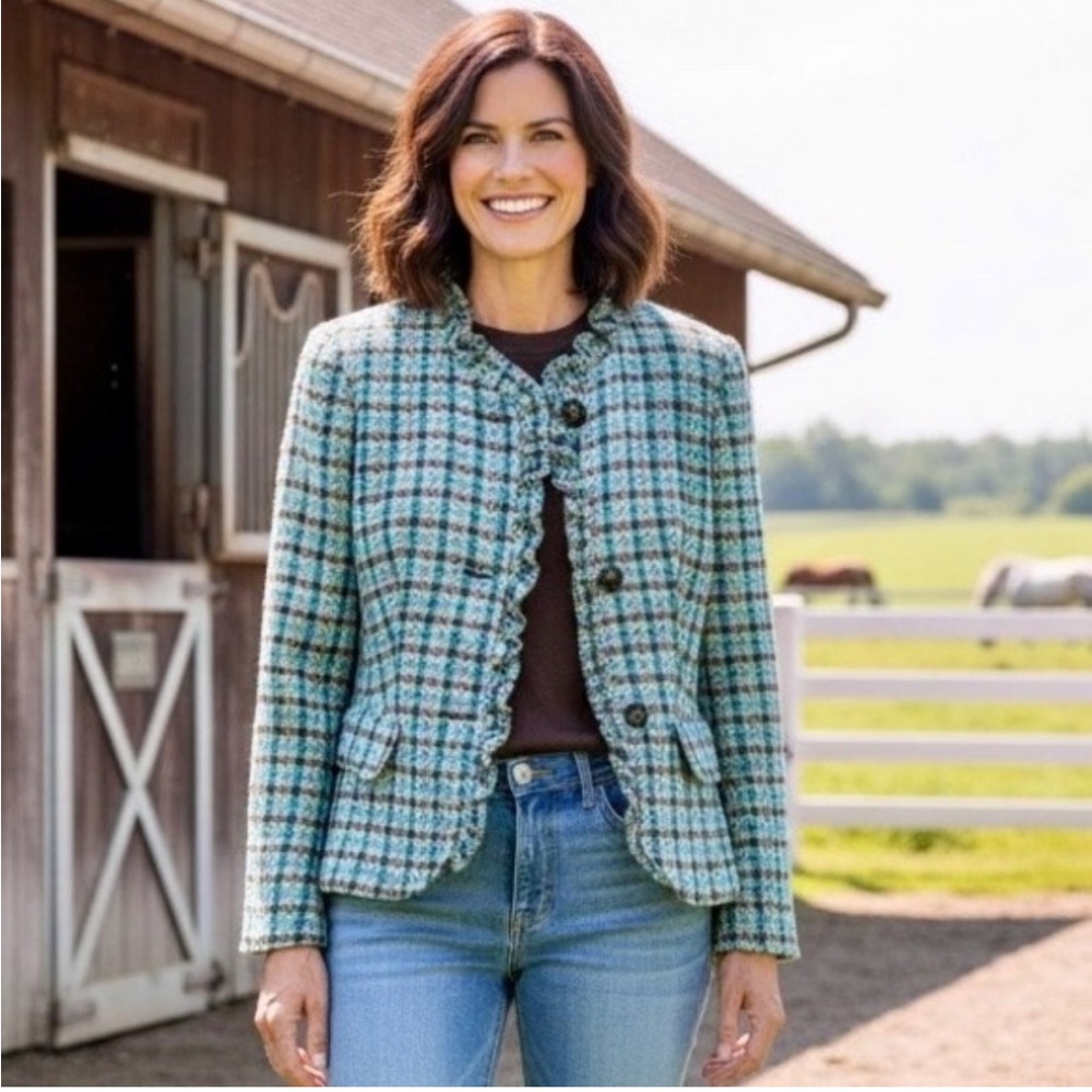 Talbots Shetland Plaid Wool Blend Jacket Blazer Women's 6 Ruffles Elbow Patches